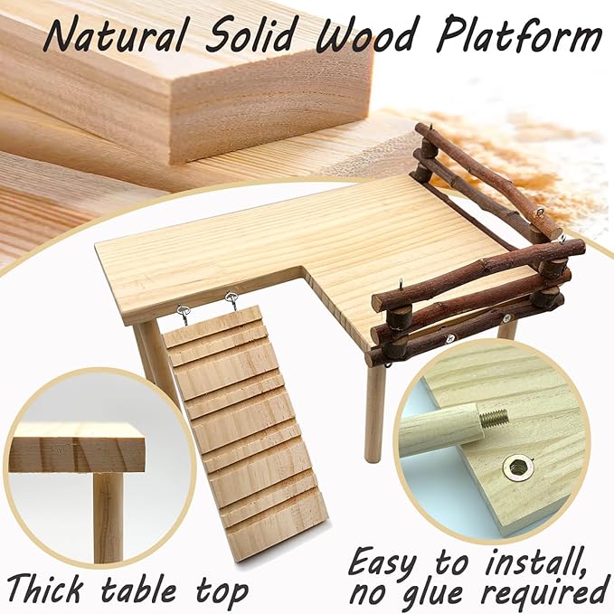 Wooden Hamster Platform with Fence, Large Syrian Hamsters Standing Platforms with Legs Wood Syrian Hamsters Playing Toy Standing Table Gerbil Cage Accessories
