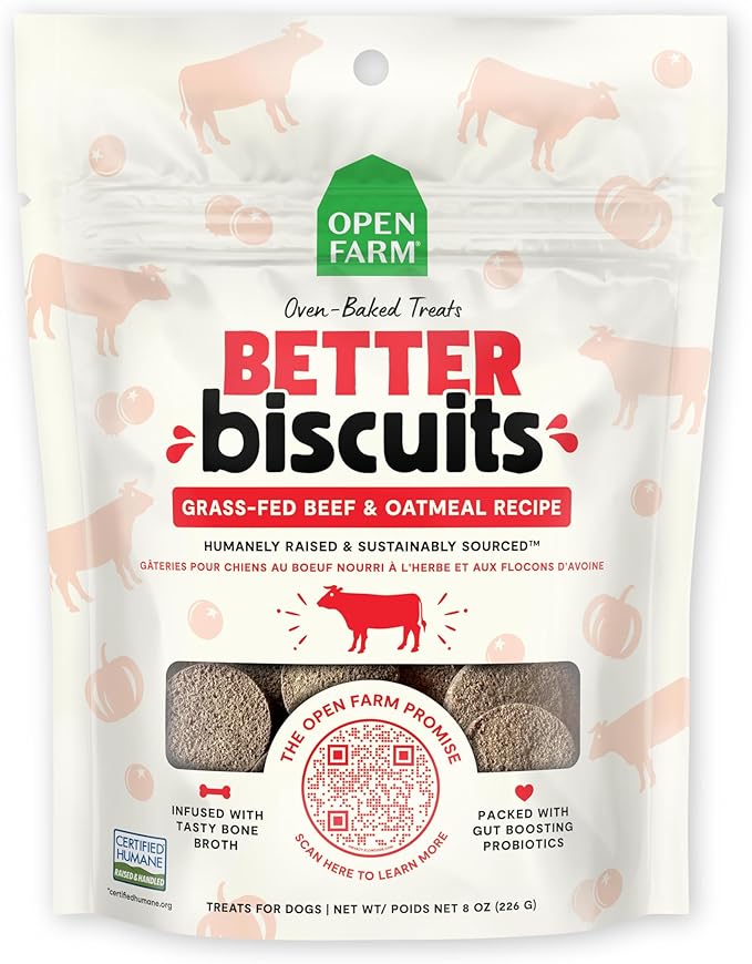 Open Farm Better Biscuits, Oven Baked Dog Treats with Probiotics, Grass-Fed Beef & Oatmeal Recipe, 8oz Pouch