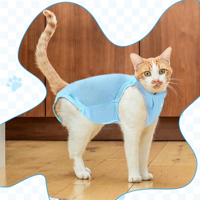 2PCS Blue Breathable Modal Cotton Cat Surgery Recovery Suit - Size L (Fits 8-14Kg), Elastic Lick-Proof Female Cat Onesie with Adjustable Collar, Pet Care for Spay Recovery & Weaning (L)