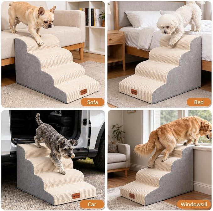 Dog Stairs for Small Dogs and Cats, 19.7" H, 4-Step Curved Pet Ramp for Beds or Couches, Non-Slip Medium Pet Steps with High Density Foam, Beige