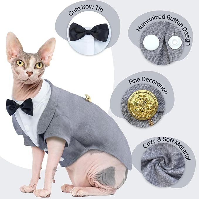 QBLEEV Cat Tuxedo Outfit, Formal Cat Suit Costume with Bow Tie, Sphynx Hairless Clothes for Cats Only, Kitten Wedding Birthday Party Attire Apparel for Male Boy, Cute Small Pet Gentleman Formal Wear