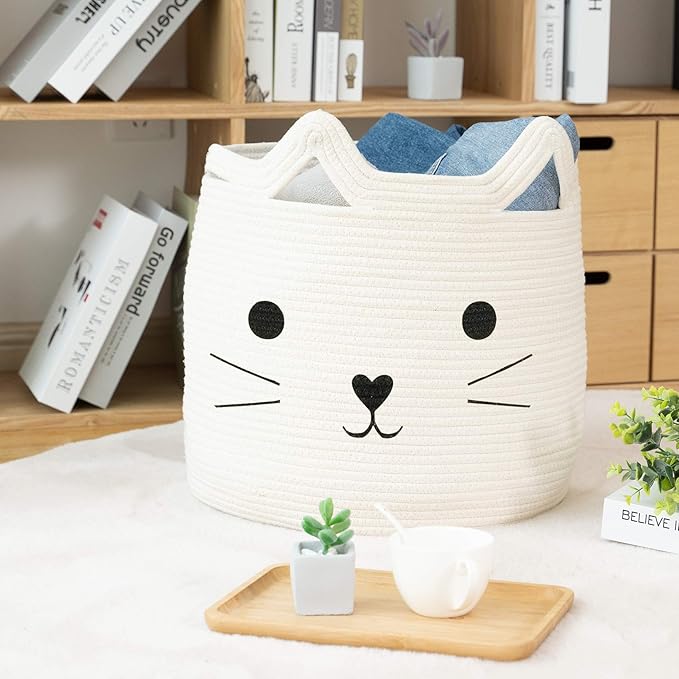 VK VK·LIVING Animal Hamper Large Woven Animal Cotton Rope Storage Basket Laundry Basket Organizer With Cat Design for Towels Blanket Toys Clothes Pet Hamper for Cat 15 L x 15 H