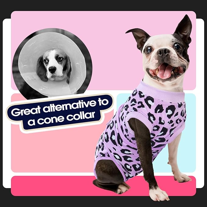 FUAMEY Recovery Suit for Dogs After Surgery,Soft Breathable Dog Bodysuit E-Collar & Cone Alternative Surgical Suit,Male Female Dog Neuter Spay Suits Anti Licking Wounds Onesie Purple Leopard S