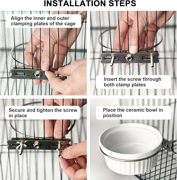 Ceramic Hanging Pet Bowl Set for Cages - Adjustable Height, No-Tool Installation, Heavy Duty Food & Water Bowl for Rabbits, Guinea Pigs, Kittens, Small Pets