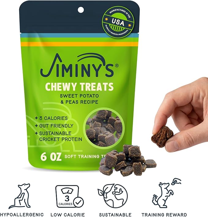 Jiminy's Chewy Cricket Dog Training Treats, Low Calorie, Hypoallergenic, 6oz, Sweet Potato & Pea (Pack of 1)