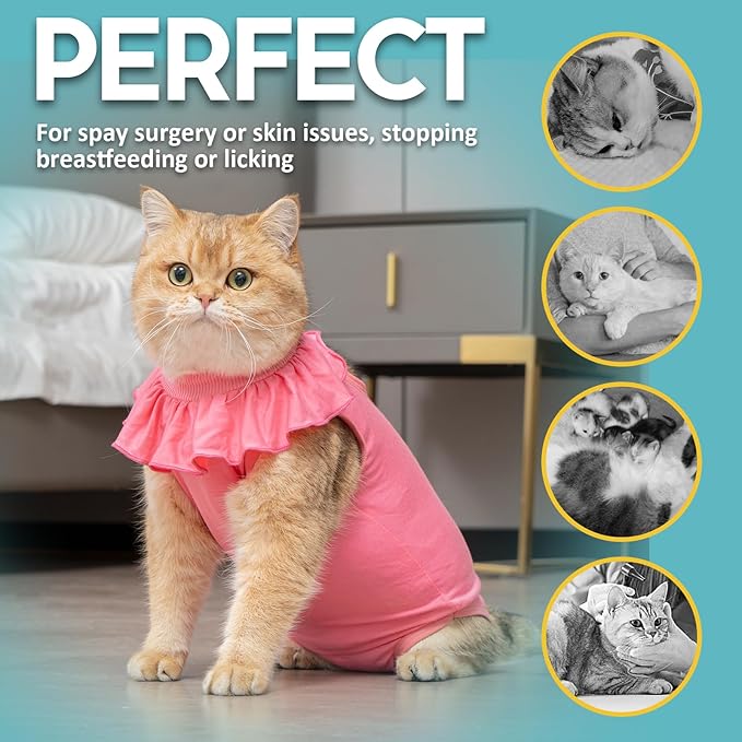Avont Cat Recovery Suit - Kitten Onesie for Cats After Surgery, Cone of Shame Alternative Surgical Spay Suit with Ruffles for Female Cat, Post-Surgery or Skin Diseases Protection -Rosepink (L)