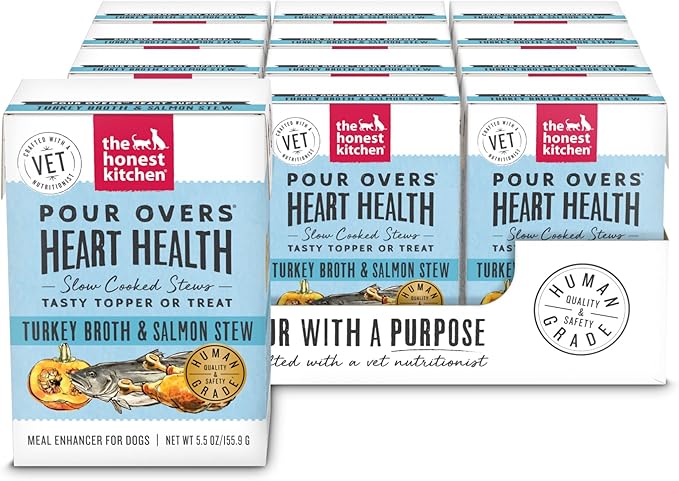 The Honest Kitchen Human Grade Functional Pour Overs: Heart Health - Turkey Broth & Salmon Stew Dog Food Topper, 5.5 oz x12