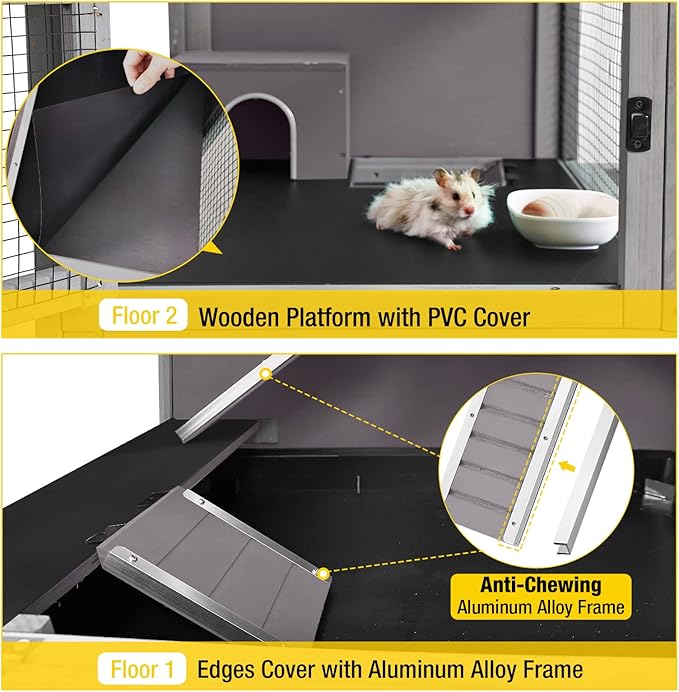 Aivituvin Guinea Pig Cage 2 Levels Wooden Rabbit Hutch with 2.36”Deeper Anti-Chewing Pull Out Tray Rat Cage with Hideout,Aluminium Alloy Edge…