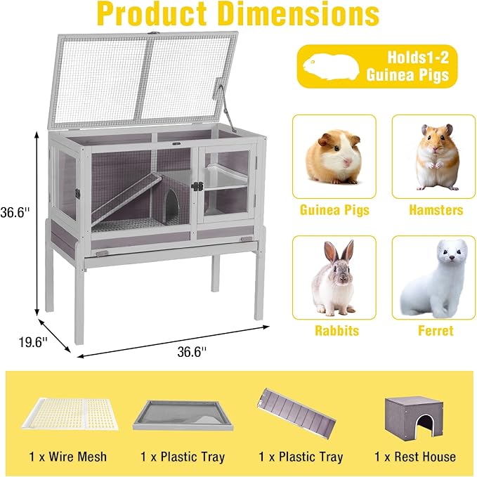 Aivituvin 2-Story Indoor Rabbit Hutch Guinea Pig Cage with Stand, Wooden Bunny Cage Small Animal Cages with Chew-Proof Ramp, Pull-Out Tray & Leakproof PVC Layer (Grey)