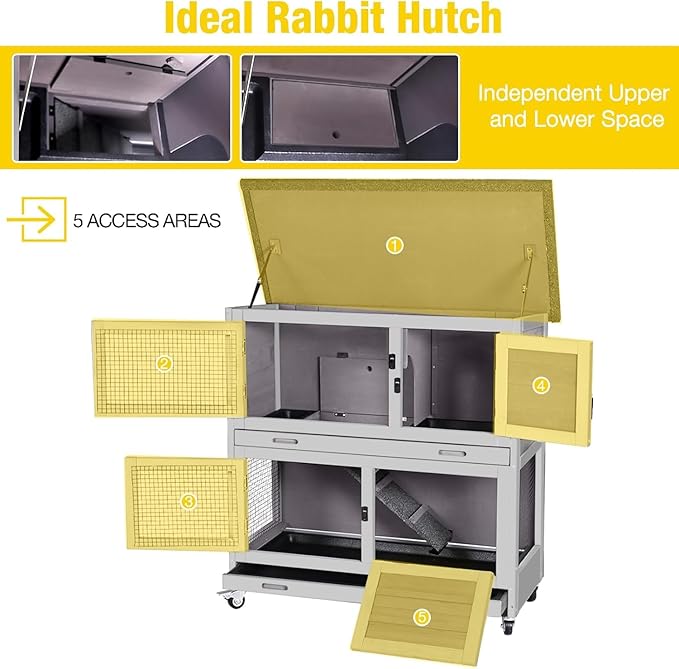 Aivituvin Rabbit Hutch Indoor Bunny Cage Outdoor 2 Story Pet House Guinea Pig Cage on Wheels 36" L