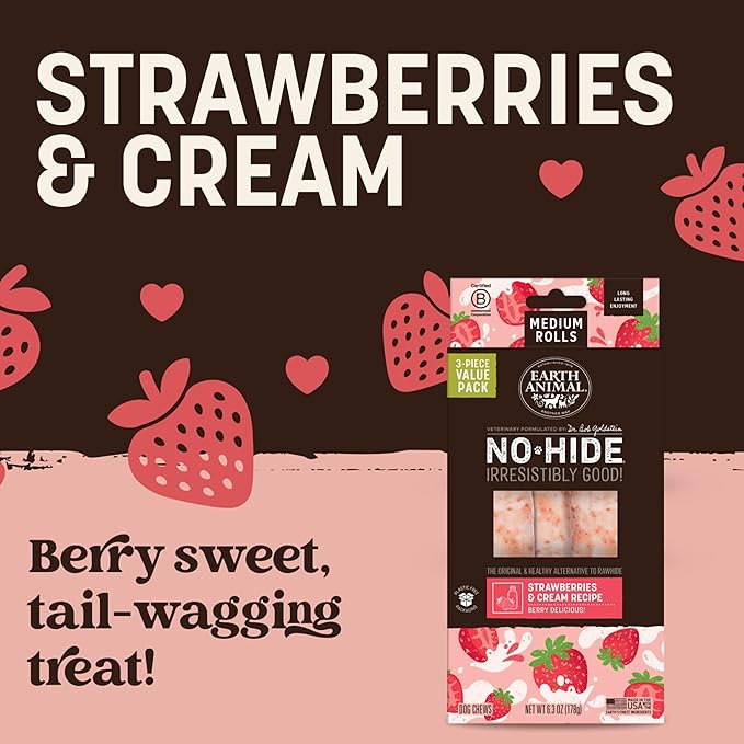 Earth Animal No-Hide Rolls Strawberries & Cream Vegetarian Recipe Medium Natural Rawhide Alternative Dog Chews, 3 Pack Value Pack