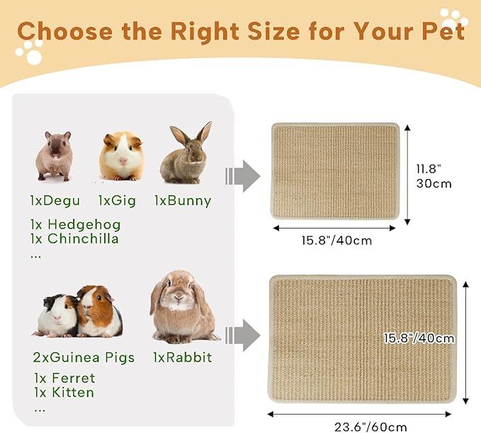 KEYIDE 2Pc Bunny Scratch Pads, Natural Sisal Rabbit Scratching Mat for Nails, Chew Toys for Indoor Pet Guinea Pigs Chinchillas Ferrets Sleeping Playing, 16"X12"