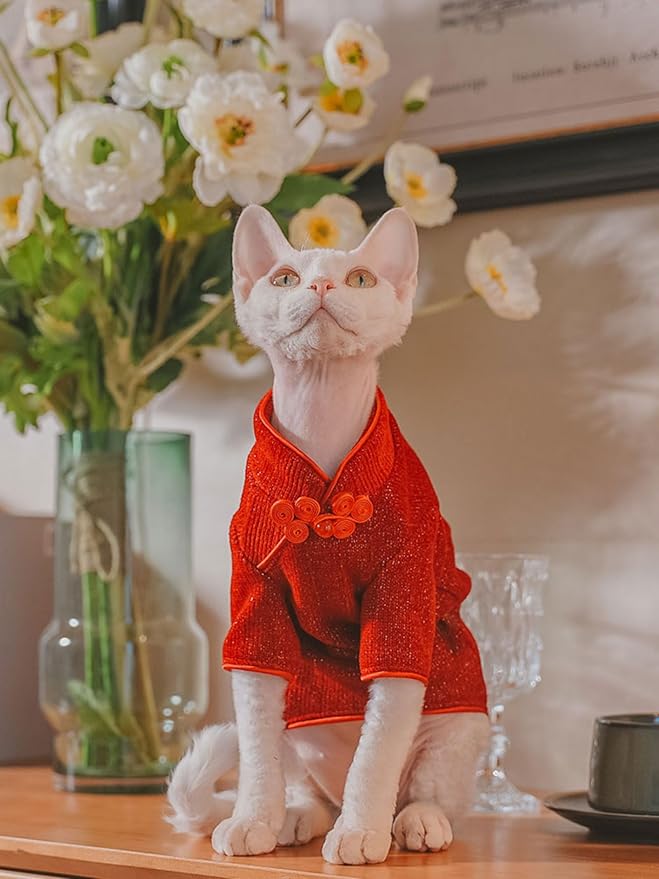 Kitipcoo Traditional Culture Sphynx Hairless Cat Cotton T-Shirts Cat Clothes Pet Sweater Cat Vest Kitten Shirts for Cats & Small Dogs Apparel (Red Chi-Pao, L (7.5-8.8 lbs))