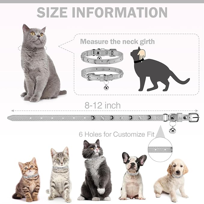 Leather Cat Collars for Boy Girl Cats with Bell and Safety Elastic Belt, Personalized Star and Moon Stud Adjustable Safe Buckle Collar for Kitty Small Big Cats Size 7-9 Inch, Silver Grey
