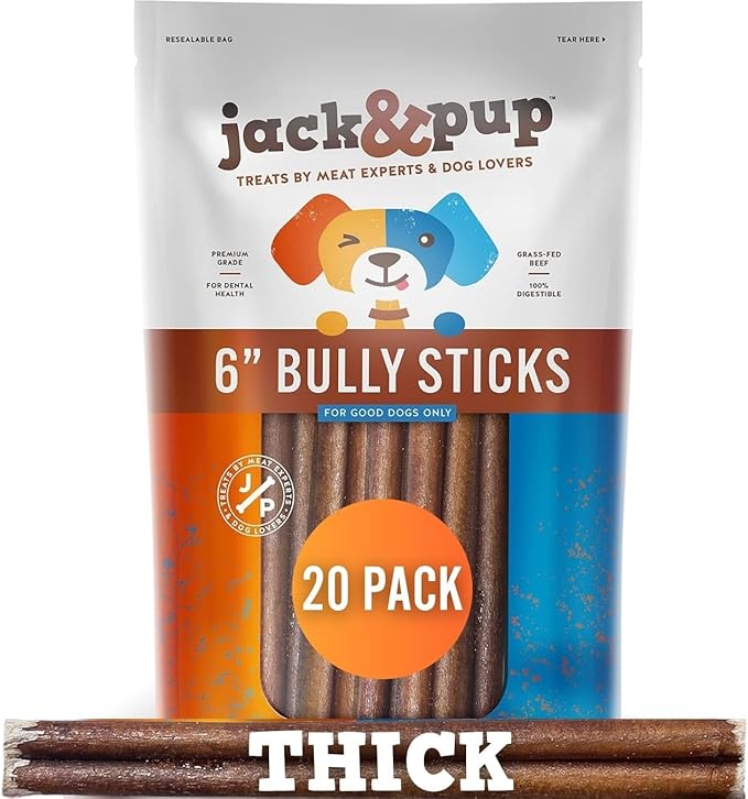 Jack&Pup 6 Inch Bully Sticks for Dogs (20 Pack) Extra Thick Dog Chews Long Lasting, Single Ingredient, 100% Beef Bully Sticks for Large Dogs and Medium Dogs