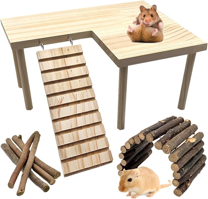 Wooden Hamster Platform with Legs, Large Syrian Hamsters Climbing Platforms with Ramp Kit Wood Ladder Bridge Rat Playing Toy Standing Table Gerbil Cage Accessories