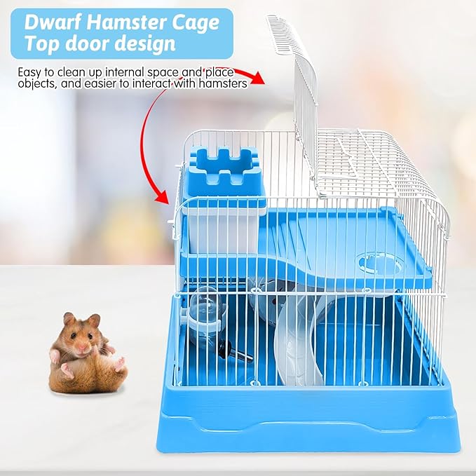 PINVNBY 2-Tier Dwarf Hamster Cage, Travel Portable Mouse Cage Gerbil Cages and Habitats Small Animal Carrier with Castle House Exercise Wheels, Water Bottle and Food Dish(Blue)