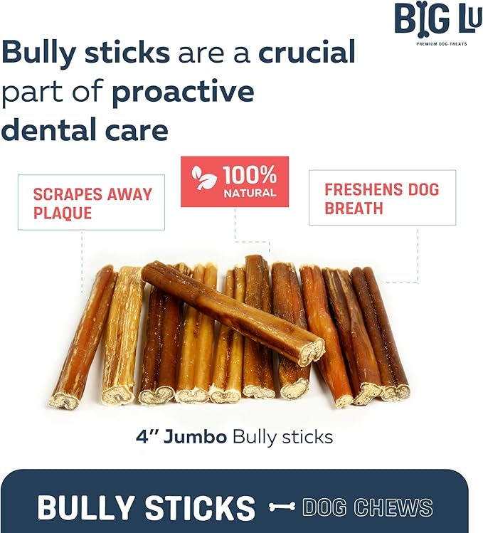 Big Lu - 4” Thick Bully Sticks, 10 Count, Long-Lasting, 100% Grass-Fed Beef Chews, for Small and Medium Dogs, Natural Single-Ingredient, Fully Digestible Treats