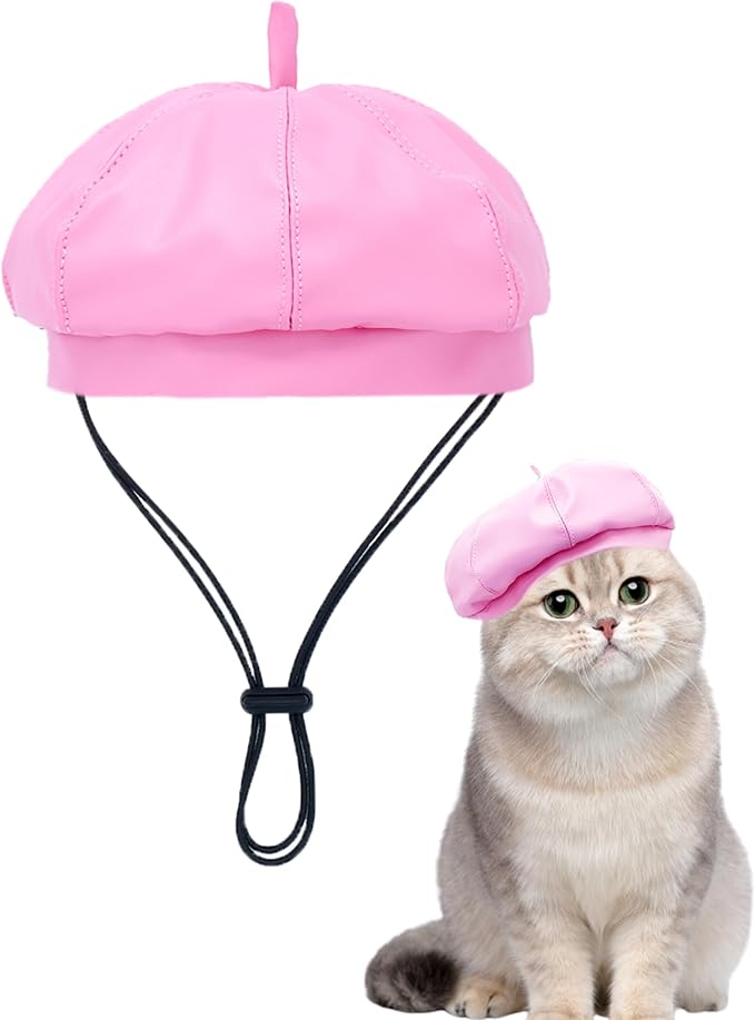 PET SHOW Dog Beret Hat for Small Dogs Cats Party Holiday Headband Cap French Leather Berets with Adjustable Chin Strap Cute Fashion Puppy Hats Pets Costumes Accessories(Pink,S)