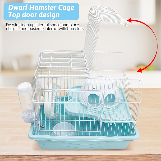 PINVNBY Dwarf Hamster Cage, Small Animal Cages, 2-Tier Travel Portable Mouse Cage Hamster Carrier with Castle House Running Exercise Wheels, Water Bottle and Food Dish（Blue）