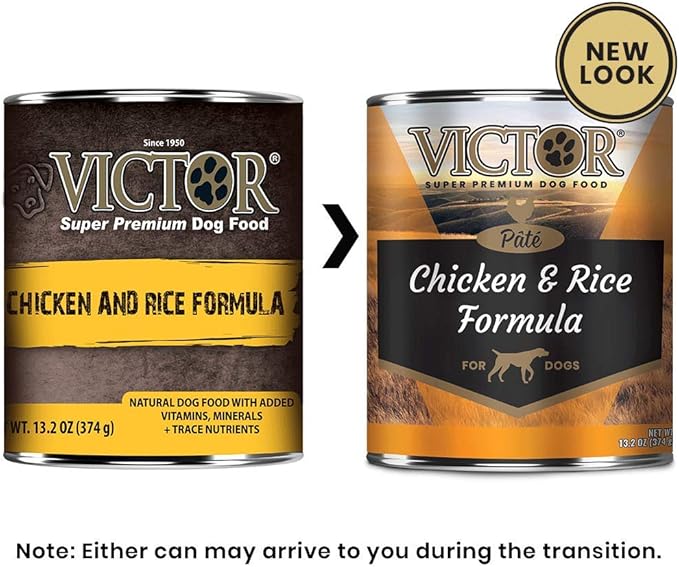 VICTOR Super Premium Dog Food – Chicken and Rice Formula Pâté – Canned Wet Adult Dog and Puppy Food – Ideal Kibble Topper or Standalone Meal – All Breed Sizes, 12 x 13.2 oz Cans