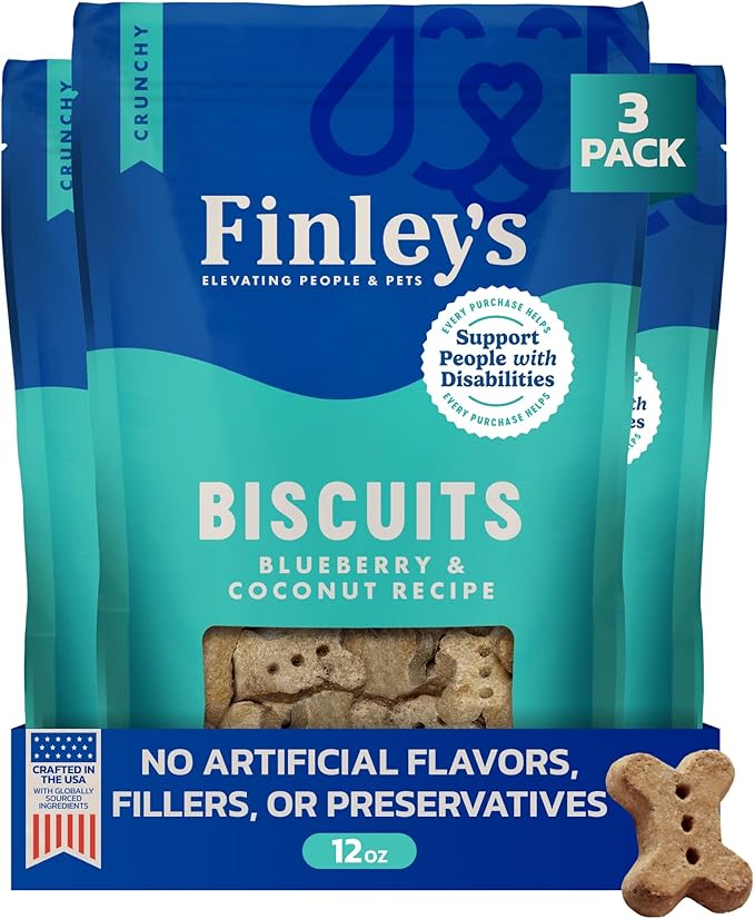 Finley's Crunchy Dog Biscuits, Blueberry and Coconut, Plant-Based Healthy Treats, Oven Baked Dog Cookies, 12oz, 3 Pack