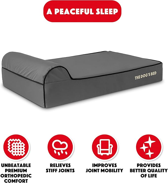 The Dog’s Bed Orthopedic Memory Foam Dog Bed with Headrest, Calming Surface – CertiPUR-Certified Foam, Oxford Fabric, Grey with Black Trim, Large, 6-Inch