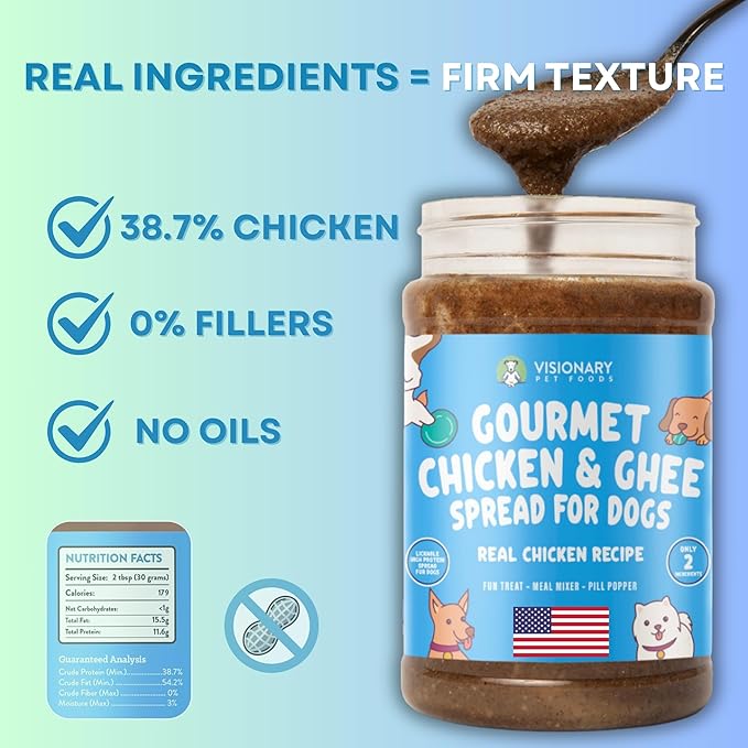 Visionary Pet Foods Chicken Meat Spread - Healthy Dog Treat - Alternative to Dog Peanut Butter, Xylitol Free, No Sugar and Filler Free - Use on Lick Mat, Food Mixer, Pill Pockets - 12oz Jar