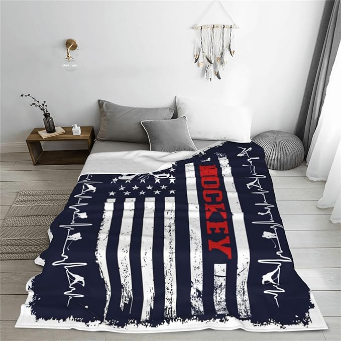 banonaty Hockey Blanket Navy Blue American Flag Throw Blanket Cozy Fleece Flannel Plush Bedding Ice Hockey Gifts for Boys Girls Men Women Youth Kids for Couch Sofa Bed Decor 50"X60"