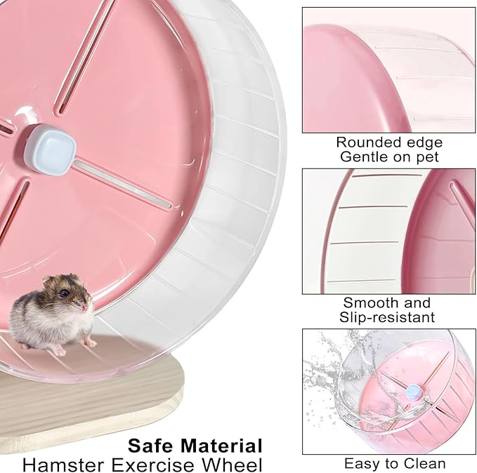 Silent Hamster Wheel,10.2 Inch Quiet Spinner Syrian Hamster Running Wheel,Anti-Skid & Adjustable Stand for Gerbils, Rats, or Other Small Pets,Pink