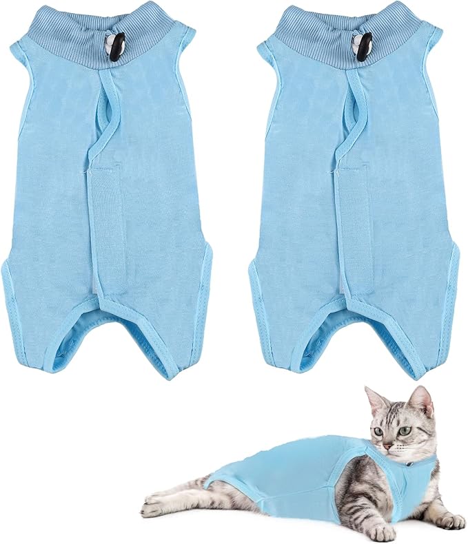 2PCS Blue Breathable Modal Cotton Cat Surgery Recovery Suit - Size S (Fits 2-4Kg), Elastic Lick-Proof Female Cat Onesie with Adjustable Collar, Pet Care for Spay Recovery & Weaning (S)