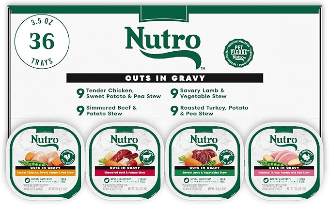 Nutro Natural Choice Cuts in Gravy Wet Dog Food, Grain Free Dog Food Wet Recipes, Beef, Lamb, Chicken, and Turkey Variety Pack, 3.5 oz. Trays (36 Count)
