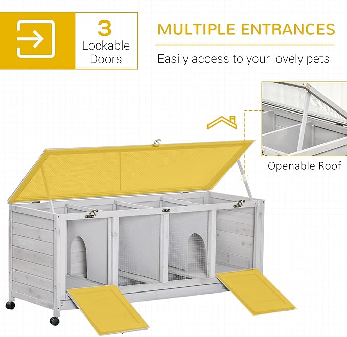 PawHut Wooden Rabbit Hutch, Bunny Cage with Wheels, Dividers, Openable Roof, Removable Trays, Small Animal Cages for 1-2 Rabbits, Indoor Outdoor Use, Light Gray