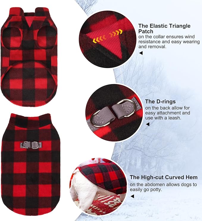 BEAUTYZOO Small Dog Sweater Fleece Vest Winter Jacket, D-Ring Leash Attachment for XS S Puppy Medium Sized Breeds Dogs, Cold Weather Dog Clothes Windproof Keep Warm, Christmas Red Plaid S