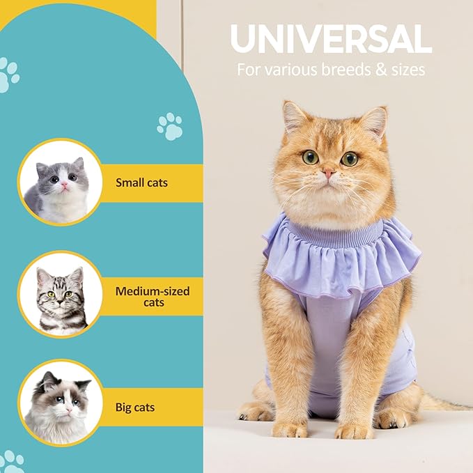 Avont Cat Recovery Suit - Kitten Onesie for Cats After Surgery, Cone of Shame Alternative Surgical Spay Suit with Ruffles for Female Cat, Post-Surgery or Skin Diseases Protection -Lilac (L)