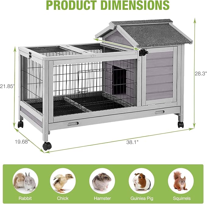 GUTINNEEN Rabbit Hutch Indoor with Wire Fence Rabbit Cage with Run Leakproof Pull Out Tray Outdoor Bunny Cage, Guinea Pig Cage Grey