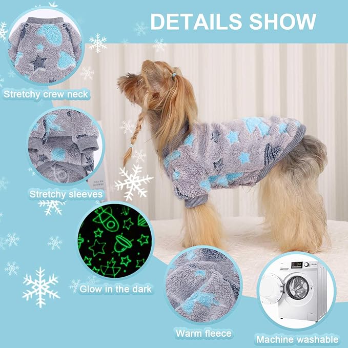 Dog Sweaters for Small Dogs Male Female Night Glow Fleece Dog Clothes for Small Dogs Girl Boy, Warm Pullover Doggy Sweatshirt, Winter Pet Coat Jacket Cat Costume Puppy Outfit, Gray, XXS