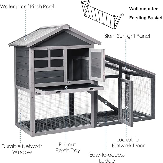 Tangkula Rabbit Hutch Indoor Outdoor, Wooden Chicken Coop, Bunny Hutch with Run, Ventilation Door, Removable Tray, Ramp, Sunlight Panel, Backyard Garden Animals Pet Cage (Gray)