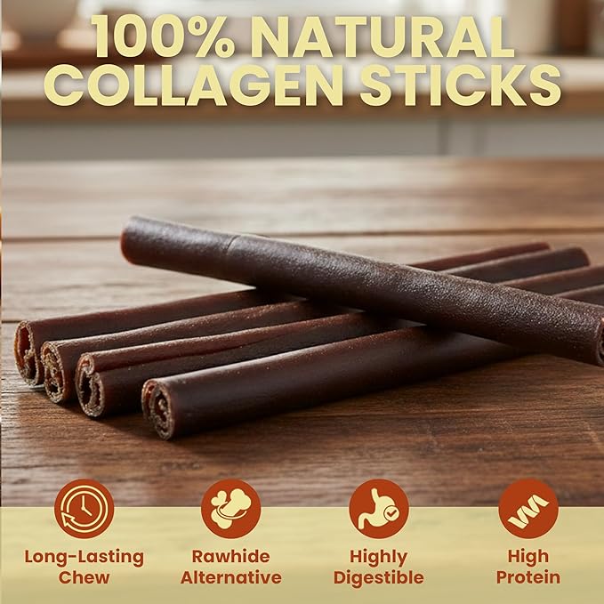 10 Pack 6 Inch Beef Collagen Sticks Chewable for Dogs – Rawhide Alternative Chews, Single Ingredient, Long Lasting Dental Treats, High Protein Natural Dog Chews for Small to Medium Dogs