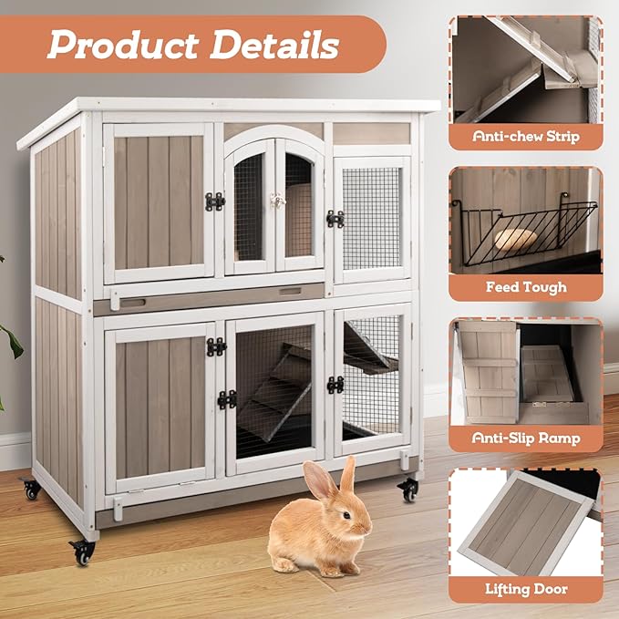 2 Story Large Rabbit Hutch Indoor with 2 Deeper Pull-Out Trays, Wooden Rabbit Cage with 4 Lockable Wheels, Ramp, Chew-Anti Metal Strip for Rabbit, (47" L x 18" W x 42" H)