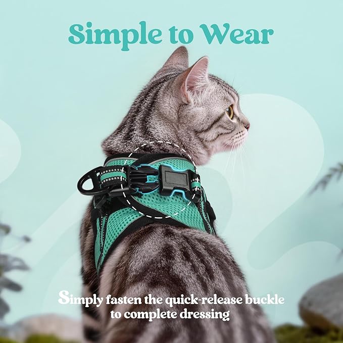 rabbitgoo Cat Harness and Leash Set for Walking Escape Proof, Adjustable Soft Kittens Vest with Reflective Strip for Cats, Comfortable Outdoor Vest,Green,M