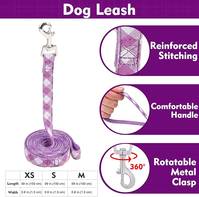 EXPAWLORER Cute Dog Harness Collar Leash Set - Purple Girl Dog Harness Checkered Step-in Design, Detachable Bow Pet Collar, Adjustable No-Choke Lightweight Mesh Vest for Cats Puppy Small Dogs, S