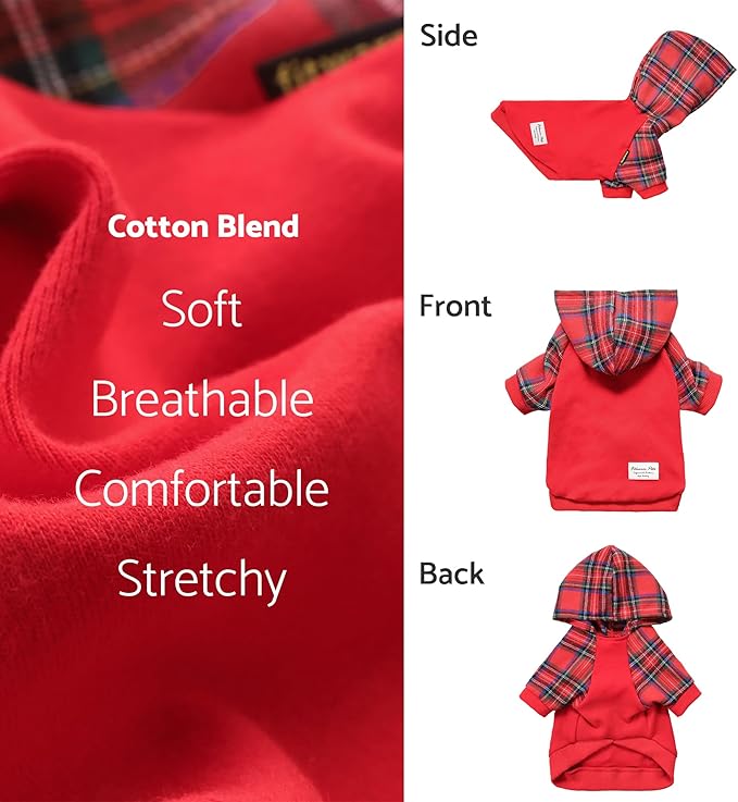 Fitwarm Tartan Plaid Dog Hoodie, Dog Clothes for Small Dogs Girl Boy, Pet Sweatshirt with Hood, Cat Winter Outfit, Red, Green, XXL