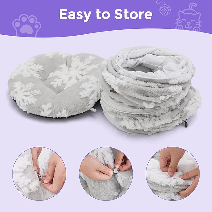 Cat Tunnel with Bed – Soft Plush Peekaboo Donut Cave for Indoor Cats | Under Christmas Tree Hideaway & Multifunctional Playground Toy for Kittens, Rabbits, Ferrets (Short-Pile Fabric Snowflake)