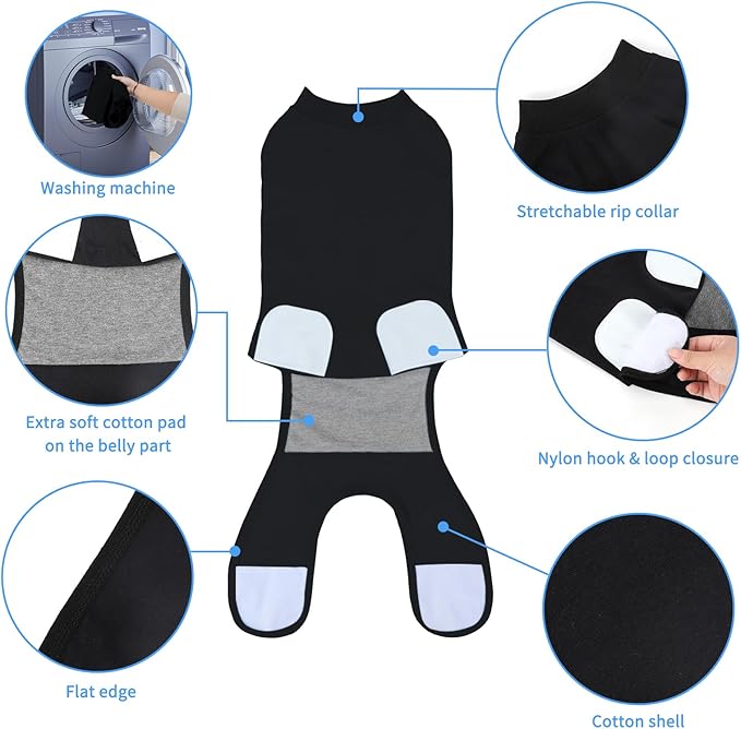 2 Packs Breathable Cotton Dog Recovery Suit for After Neuter Spay Abdominal Wounds Protector, Professional Anti-Licking Onesies for Male Female Pets Surgery Bandages, 2XL Black Grey Pure