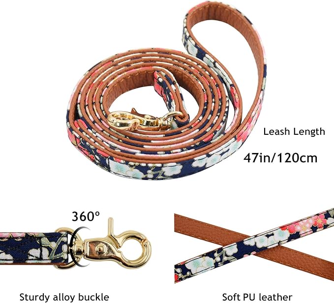 3PCS Bow Tie Dog Collar and Leash Set Plaid/Camo/Dots/Flower Dog Banadanas with Bell 3 Size Adjustable for Small Dogs Puppies and Cats (M, Black Flower)