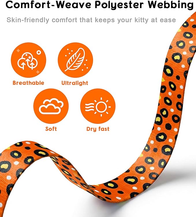 Halypet Cat Harness and Leash Set, Escape Proof 3-in-1 Adjustable Harness for Cats & Kitten, Soft Lightweight, Easy On & Control for Walking, Travel & Outdoor Use, Vibrant Leopard Orange, Medium