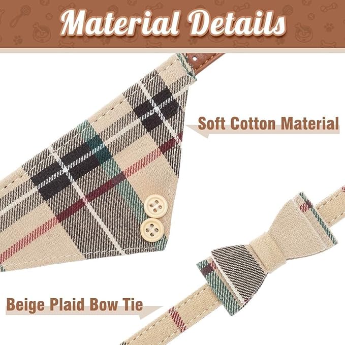 BINGPET Puppy Collar and Leash Set for Medium Dogs, Plaid Bowtie Dog Collars Bandana for Boy Girl Dogs, Cute Adjustable Collar and Leash Set with Bow for Dog Cat Outdoor Walking, Beige M (No Bell)