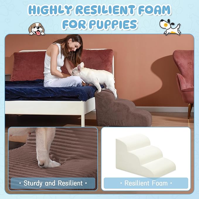 Mesa Lemon Dog Stairs & Steps for High Beds, 2 Steps High Density Foam Waterproof Dog Ramp for Small Dogs and Cats, Pet Stairs with Washable Cover for Bed, Couch, Sofa and Car, Coffee (H: 11.8")