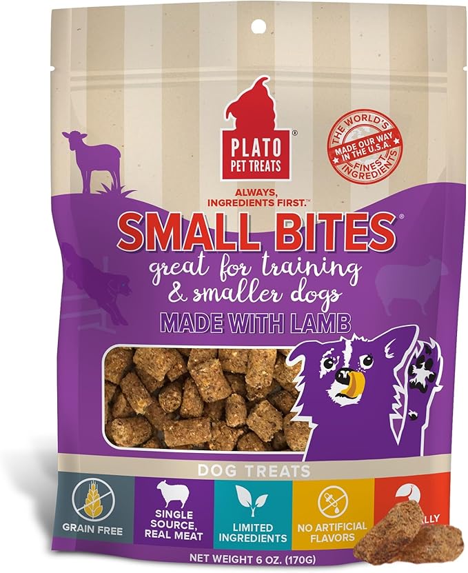 Plato Pet Treats Small Bites - Air-Dried Training Treats for Dogs - Supports Healthy Digestion - Limited Ingredients - Lamb 6oz